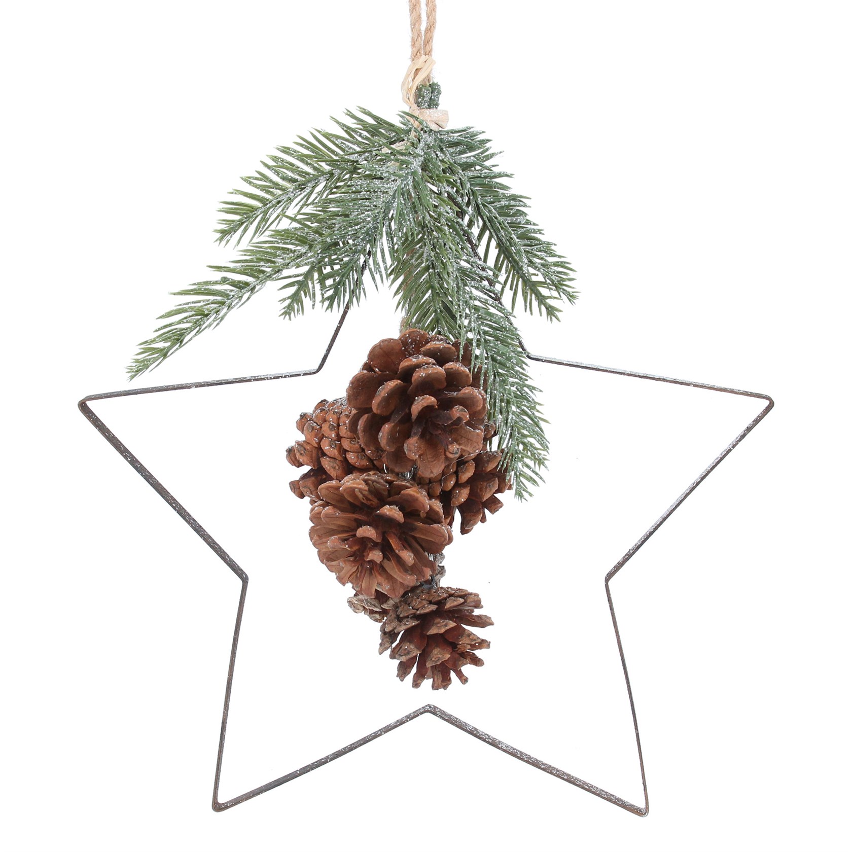 Metal cut out star hanging Christmas decoration with fir and cone detail. By Gisela Graham. The perfect festive addition to your home.